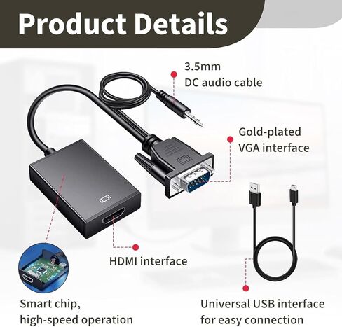 محول VGA إلى HDMI مرن بدقة 1080P Full HD - أسود in Kuwait
