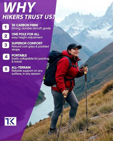 Collapsible Lightweight Trekking Poles – Walking Sticks for Seniors, Cork Grips Adjustable Carbon Fibre Nordic Poles for Men, Women, Hiking Ultralight for Backpacking or Camping –Carbon Pro in Saudi Arabia