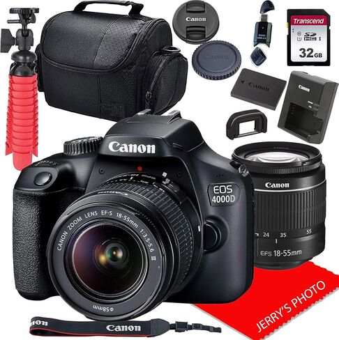 كاميرا Canon EOS 4000D DSLR مع عدسة تكبير Canon EF-S مقاس 18-55 مم F/3.5-5.6 III + بطاقة SD سعة 32 جيجابايت + المزيد (متجددة) in Kuwait