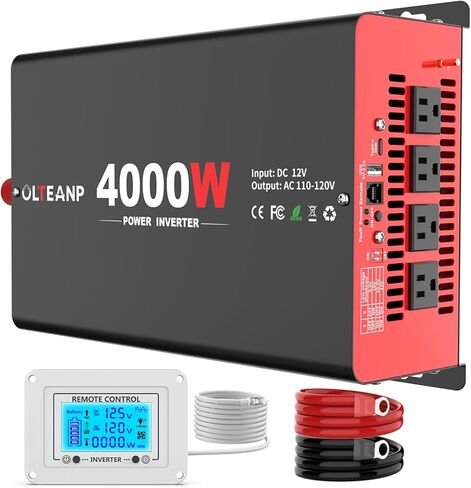 محول طاقة OLTEANP 4000 واط 12 فولت تيار مستمر إلى 110 فولت تيار متردد للسيارة مع 4 منافذ تيار متردد، منفذ 30 وات من النوع C، منفذ USB 3.1 أمبير، جهاز تحكم عن بعد على شاشة LCD، محول سيارة الذروة 8000 واط للشاحنة والمركبات والرحلة in Kuwait