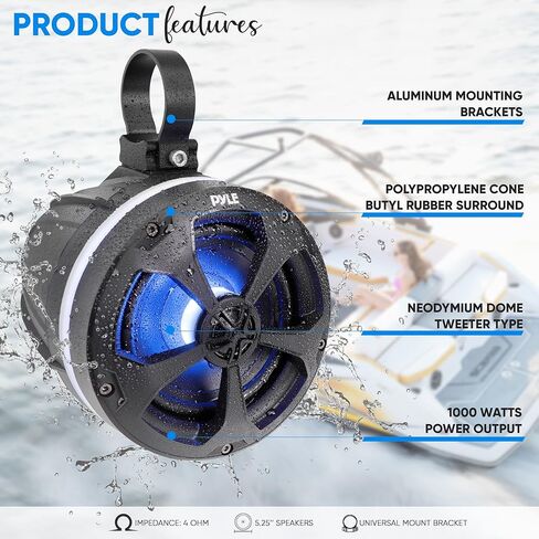 Pyle 1000W Amplified Off-Road Audio System with RGB Lighting, Bluetooth Streaming & Universal Mounts - Waterproof Bluetooth Speaker with Dual 5.25 Marine Speakers for ATV & UTV Use in Saudi Arabia