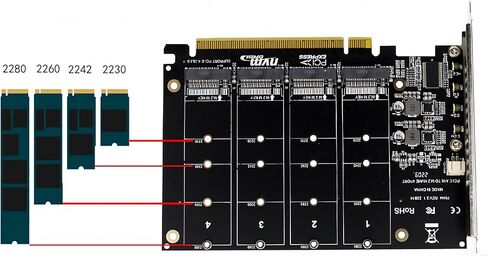 بطاقة محول M.2 PCIE NVME، 4 × 64 جيجابت في الثانية، 4 منافذ M.2 NVMe SSD إلى PCIE X16 M مفتاح محول القرص الصلب، بطاقة توسيع، بطاقة توسيع داخلية للكمبيوتر الشخصي in Kuwait
