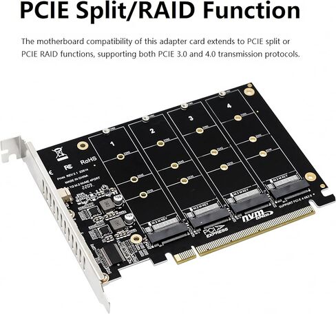 بطاقة محول M.2 PCIE NVME، 4 × 64 جيجابت في الثانية، 4 منافذ M.2 NVMe SSD إلى PCIE X16 M مفتاح محول القرص الصلب، بطاقة توسيع، بطاقة توسيع داخلية للكمبيوتر الشخصي in Kuwait