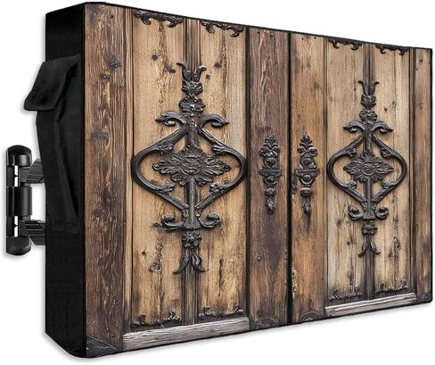 Wooden Plank Outdoor TV Cover 70-75 Inch Waterproof & Weatherproof with Roll Up Front Flat, Rustic Farmhouse Brown Black Barn Door Outside Zipper TV Screen Protector Enclosure Remote Control Pocket in Saudi Arabia