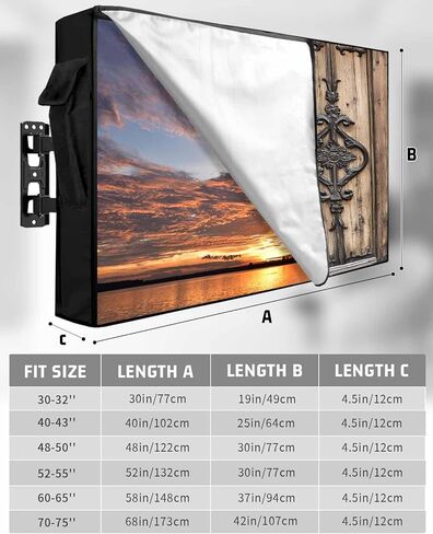 Wooden Plank Outdoor TV Cover 70-75 Inch Waterproof & Weatherproof with Roll Up Front Flat, Rustic Farmhouse Brown Black Barn Door Outside Zipper TV Screen Protector Enclosure Remote Control Pocket in Saudi Arabia