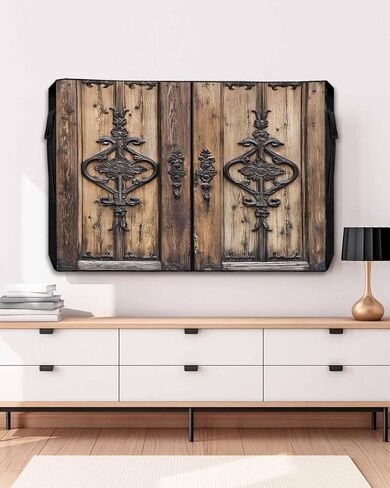 Wooden Plank Outdoor TV Cover 70-75 Inch Waterproof & Weatherproof with Roll Up Front Flat, Rustic Farmhouse Brown Black Barn Door Outside Zipper TV Screen Protector Enclosure Remote Control Pocket in Saudi Arabia