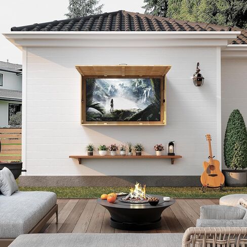 Outdoor Wooden TV Storage Cabinet - Weatherproof Wall-Mounted Enclosure with 4D Adjustable Mount, Fold-Up Door & Particle Cover - Decorative Hard Box for Patio, Beach, Fits 44-55" TVs in Saudi Arabia