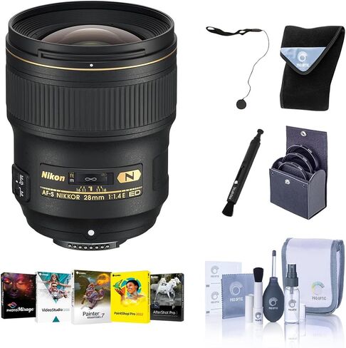 Nikon 28mm f/1.4E AF-S NIKKOR Lens, Bundle with ProOptic 77mm Filter Kit, Cleaning Kit, Lens Wrap, Lens Cap Tether, PC Software Kit in Saudi Arabia