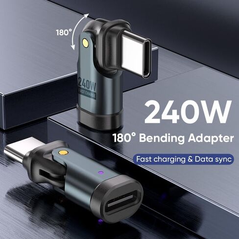 محول USB C إلى C 2 حزمة استبدال ومنفذ OTG للهاتف يدور 180 درجة وموسع PD 240 وات USB2.0 موصل تمديد من النوع C مع مؤشر LED (أسود) (2) in Kuwait