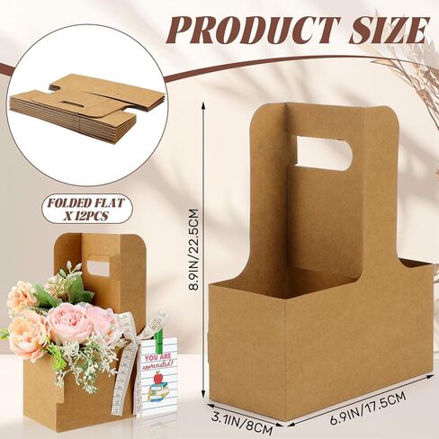 12 Set Teacher Appreciation Gifts Bulk 2 Cup Drink Carriers with Handle Ruler Ribbon Teacher Appreciation Week/day Thank You Gifts Flower Bags with Thanks Cards(Vintage,Dark Kraft Brown) in Saudi Arabia
