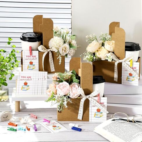 12 Set Teacher Appreciation Gifts Bulk 2 Cup Drink Carriers with Handle Ruler Ribbon Teacher Appreciation Week/day Thank You Gifts Flower Bags with Thanks Cards(Vintage,Dark Kraft Brown) in Saudi Arabia
