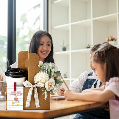 12 Set Teacher Appreciation Gifts Bulk 2 Cup Drink Carriers with Handle Ruler Ribbon Teacher Appreciation Week/day Thank You Gifts Flower Bags with Thanks Cards(Vintage,Dark Kraft Brown) in Saudi Arabia