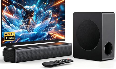 شريط صوت GEOYEAO 2.1 CH مع مكبرات صوت، شريط صوت 100 واط للتلفزيون الذكي، نظام صوت محيطي Dolby Atmos، مكبر صوت بلوتوث للمسرح المنزلي قابل للتعديل، للتلفزيون/جهاز العرض/الكمبيوتر in Kuwait