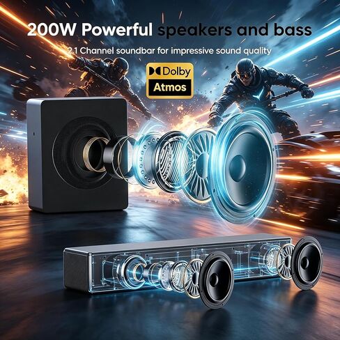شريط صوت GEOYEAO 2.1 CH مع مكبرات صوت، شريط صوت 100 واط للتلفزيون الذكي، نظام صوت محيطي Dolby Atmos، مكبر صوت بلوتوث للمسرح المنزلي قابل للتعديل، للتلفزيون/جهاز العرض/الكمبيوتر in Kuwait