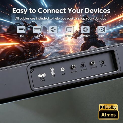 شريط صوت GEOYEAO 2.1 CH مع مكبرات صوت، شريط صوت 100 واط للتلفزيون الذكي، نظام صوت محيطي Dolby Atmos، مكبر صوت بلوتوث للمسرح المنزلي قابل للتعديل، للتلفزيون/جهاز العرض/الكمبيوتر in Kuwait