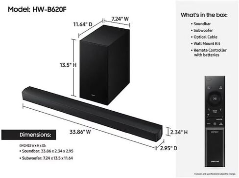 مكبر صوت سامسونج HW-B620F 3.1 قناة مع مضخم صوت أسود، Dolby Audio/DTS Virtual:X، HDMI ARC، صوت محيطي لاسلكي متوافق (متجدد) in Saudi Arabia