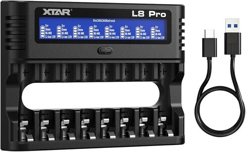 شاحن بطارية XTAR L8 Pro 8-Bay AA AAA لبطاريات NiMH و1.5 فولت ليثيوم أيون قابلة لإعادة الشحن، محطة شحن مختلطة ذات فتحة مستقلة مع شاشة LCD، وضع التحديث للخلايا القديمة، يعمل بالطاقة من النوع C in Saudi Arabia