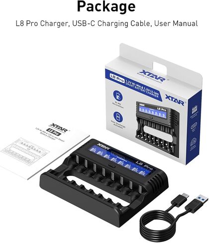 شاحن بطارية XTAR L8 Pro 8-Bay AA AAA لبطاريات NiMH و1.5 فولت ليثيوم أيون قابلة لإعادة الشحن، محطة شحن مختلطة ذات فتحة مستقلة مع شاشة LCD، وضع التحديث للخلايا القديمة، يعمل بالطاقة من النوع C in Saudi Arabia