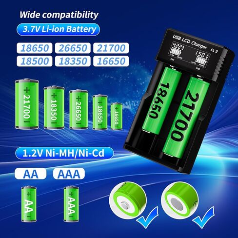 18650 Battery Charger,21700 Battery Charger for 3.7V 14500 10400 18500 18350 18650 18700 20700 21700 22650 26650 Li-ion Battery,1.2V Ni-MH/Ni-Cd Battery,2 Bay LCD 18650 USB C Charger(Not Batteries) in Saudi Arabia