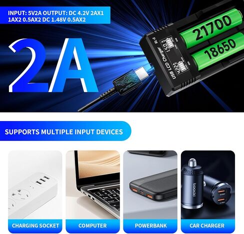 18650 Battery Charger,21700 Battery Charger for 3.7V 14500 10400 18500 18350 18650 18700 20700 21700 22650 26650 Li-ion Battery,1.2V Ni-MH/Ni-Cd Battery,2 Bay LCD 18650 USB C Charger(Not Batteries) in Saudi Arabia