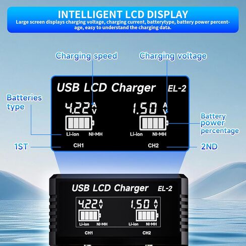 18650 Battery Charger,21700 Battery Charger for 3.7V 14500 10400 18500 18350 18650 18700 20700 21700 22650 26650 Li-ion Battery,1.2V Ni-MH/Ni-Cd Battery,2 Bay LCD 18650 USB C Charger(Not Batteries) in Saudi Arabia