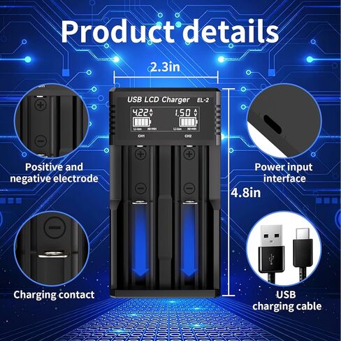 18650 Battery Charger,21700 Battery Charger for 3.7V 14500 10400 18500 18350 18650 18700 20700 21700 22650 26650 Li-ion Battery,1.2V Ni-MH/Ni-Cd Battery,2 Bay LCD 18650 USB C Charger(Not Batteries) in Saudi Arabia