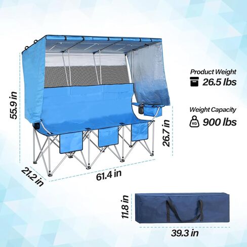 ptlsy 3 Person Camping Chair with Canopy Shade 3 Seat Folding Chair with Fully Shade for Camp Beach Sport Sideline Backyard Festival (Blue) in Kuwait