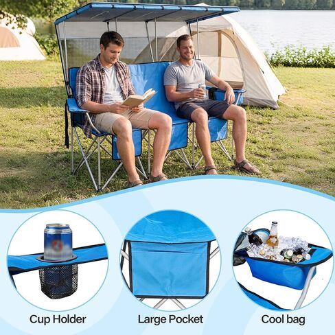 ptlsy 3 Person Camping Chair with Canopy Shade 3 Seat Folding Chair with Fully Shade for Camp Beach Sport Sideline Backyard Festival (Blue) in Kuwait