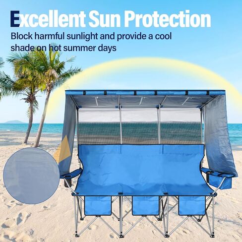 ptlsy 3 Person Camping Chair with Canopy Shade 3 Seat Folding Chair with Fully Shade for Camp Beach Sport Sideline Backyard Festival (Blue) in Kuwait