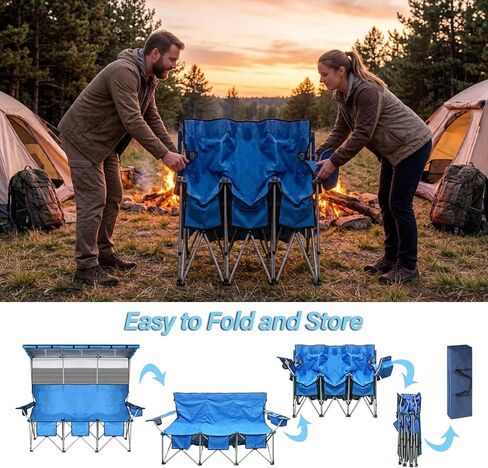 ptlsy 3 Person Camping Chair with Canopy Shade 3 Seat Folding Chair with Fully Shade for Camp Beach Sport Sideline Backyard Festival (Blue) in Kuwait