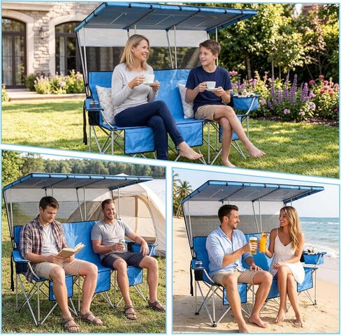 ptlsy 3 Person Camping Chair with Canopy Shade 3 Seat Folding Chair with Fully Shade for Camp Beach Sport Sideline Backyard Festival (Blue) in Kuwait