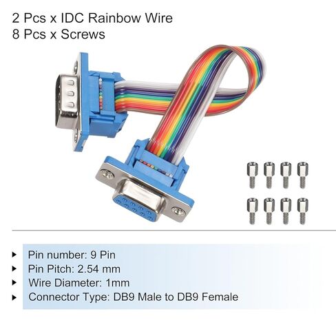 Generic 2 Pcs IDC Rainbow Wire Flat Ribbon Cable DB9 Male to DB9 Female 3.9 Inch Length 2.54mm Pitch Breadboard Jumper Wires for Electronic Projects in Saudi Arabia