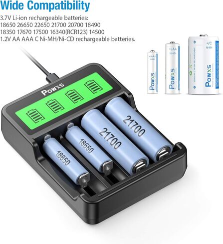 شاحن بطارية ذكي عالمي POWXS لـ Li-ion Ni-MH Ni-CD، شاشة LCD مع مدخل Type-C/Micro-USB، متوافق مع 18650 26650 21700 AA AAA C، حماية من الشحن الزائد in Kuwait