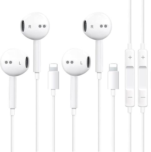 قطعتان من سماعات الأذن لسماعات iPhone السلكية مع جهاز تحكم مدمج للتحكم في الموسيقى والمكالمات الهاتفية ومستوى الصوت المتوافق مع iPhone 14 13 12 11 Pro Max XS XR X 8 7 6 in Kuwait