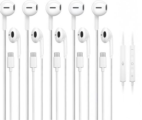 5 عبوات من سماعات الرأس USB C المحسنة لهاتف iPhone 17/16/15 Pro Max iPad Plus TypeC مع ميكروفون للتحكم في مستوى الصوت USBC سماعات أذن سلكية USB من النوع C سماعة أذن لهاتف Samsung S26/S25 (1.2M/4Ft) in Kuwait
