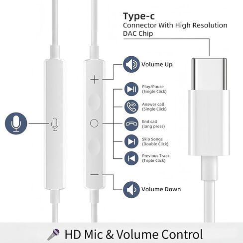 5 عبوات من سماعات الرأس USB C المحسنة لهاتف iPhone 17/16/15 Pro Max iPad Plus TypeC مع ميكروفون للتحكم في مستوى الصوت USBC سماعات أذن سلكية USB من النوع C سماعة أذن لهاتف Samsung S26/S25 (1.2M/4Ft) in Kuwait