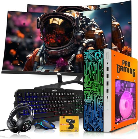 HP Gaming PC Desktop Computer Phoenix AMD A10-9700, GT 1030, 16GB RAM, 1TB SSD, Dual 32 Inch Curved Monitor, RGB KBM with AI Copilot, WiFi, RGB Headphone, Webcam, Windows 11 (Renewed) in Saudi Arabia
