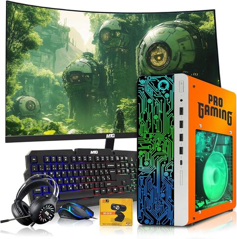 HP Gaming PC Desktop Computer Phoenix AMD A10-9700, GT 1030, 16GB RAM, 1TB SSD, Dual 32 Inch Curved Monitor, RGB KBM with AI Copilot, WiFi, RGB Headphone, Webcam, Windows 11 (Renewed) in Saudi Arabia