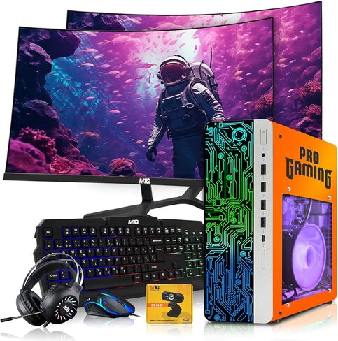 HP Gaming PC Desktop Computer Phoenix AMD A10-9700, GT 1030, 16GB RAM, 1TB SSD, Dual 32 Inch Curved Monitor, RGB KBM with AI Copilot, WiFi, RGB Headphone, Webcam, Windows 11 (Renewed) in Saudi Arabia
