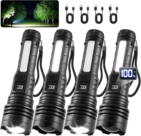 4Pack Flashlights High Lumens 9900FL, 7Mode Flashlight Rechargeable with LCD Digital Display, Rechargeable Flashlights with COB Light, Adjustable Super Bright Flashlight, Powerful Tactical Flash Light in Saudi Arabia