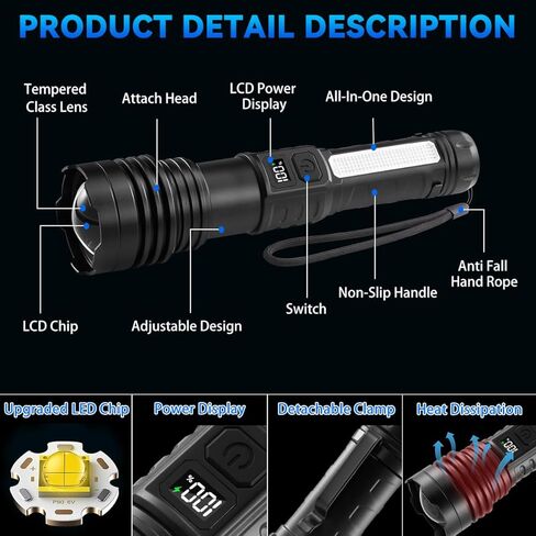 4Pack Flashlights High Lumens 9900FL, 7Mode Flashlight Rechargeable with LCD Digital Display, Rechargeable Flashlights with COB Light, Adjustable Super Bright Flashlight, Powerful Tactical Flash Light in Saudi Arabia