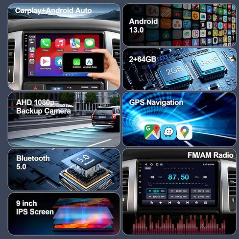 ترقية ستيريو راديو السيارة بسعة 64 جيجابايت لسيارة Toyota Tacoma 2005-2015، التوصيل والتشغيل 9 بوصات Android 13 وحدة الرأس مع Carplay اللاسلكي/Android Auto/1080P كاميرا احتياطية/راديو AM FM in Kuwait