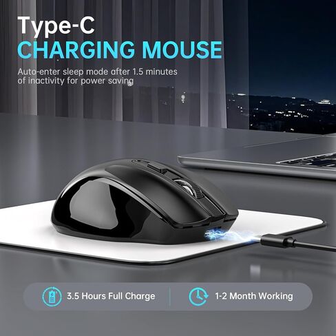 ماوس بلوتوث لاسلكي قابل لإعادة الشحن لأجهزة MacBook air/MacBook pro/Tablet/Mac/Laptop/Apple/PC، استخدام صامت نحيف بلوتوث 5.2/3.0 واستقبال USB من النوع C بتردد 2.4 جيجا هرتز in Kuwait
