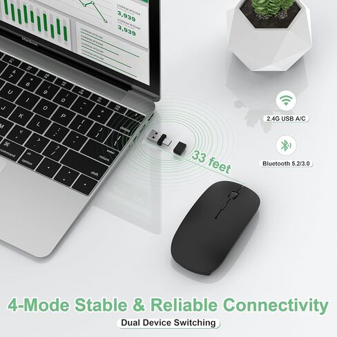 Wireless Mouse for MacBook Pro/Air, Bluetooth Rechargeable Mouse with USB-C, Slim Mouse Jiggler for iPad/iMac/Laptop/PC, 2.4G Dual Mode, Silent Click, Compatible Mac OS/Windows, Black in Saudi Arabia