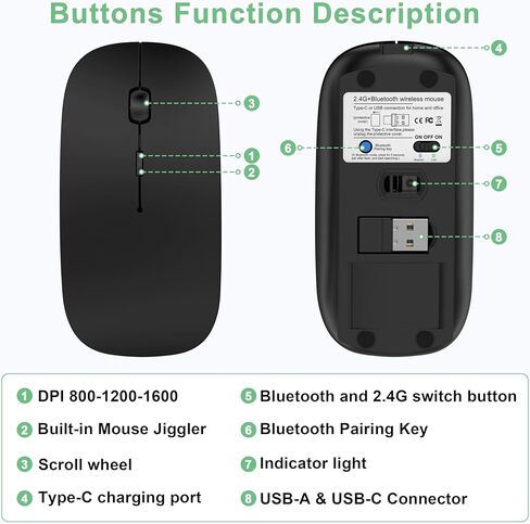 Wireless Mouse for MacBook Pro/Air, Bluetooth Rechargeable Mouse with USB-C, Slim Mouse Jiggler for iPad/iMac/Laptop/PC, 2.4G Dual Mode, Silent Click, Compatible Mac OS/Windows, Black in Saudi Arabia