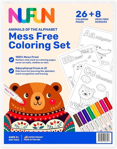 NuFun Activities Mess Free Coloring Set - Animals of The Alphabet, Kids Create No Mess Wonders with Special Coloring Paper, Gift for Toddlers and Kids, 26 Preprinted Pages and 8 Markers in Saudi Arabia