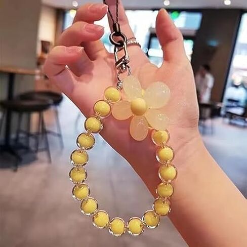 Yellow Mobile Phone Strap Beaded Flower Bracelet Creative Hanging Rope Keychain Mobile Lanyard Beaded Flower Anti-Lost Phone Case Lanyard Wrist Strap Cell Phone Charms Accessories in Saudi Arabia