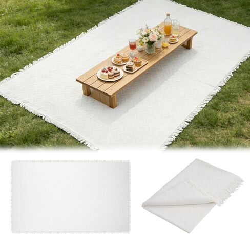 YEXEXINM Extra Large Outdoor Picnic Blanket 118" x 71" Oversize Woven Cotton Yarn Beach Blanket with Fringe, Machine Washable Portable Blanket for Camping, Beach, Park, Fits 6 to 9 Adults (White) in Saudi Arabia