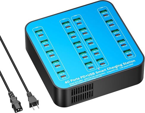 محطة شحن USB C بقدرة 400 واط، 40 منفذًا (20 USBA+20 USBC) شاحن USB C لسطح المكتب، مناسب لمحطة شحن سريعة متعددة الأجهزة، متوافق مع iPhone 16/15/14/13/12/Galaxy S23/S22/الكمبيوتر اللوحي in Kuwait