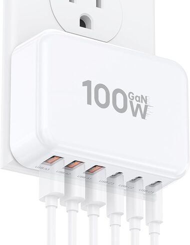Fast Charger Block, GaN 6 Port USB C Charging Station Hub Cube, 100W Multiport Type C Wall Charger Power Strip Plug with PD 3.0+QC for iPhone 16 15 14 13 12 1 Pro Max XR XS 8 7, Samsung, iPad, Table in Saudi Arabia